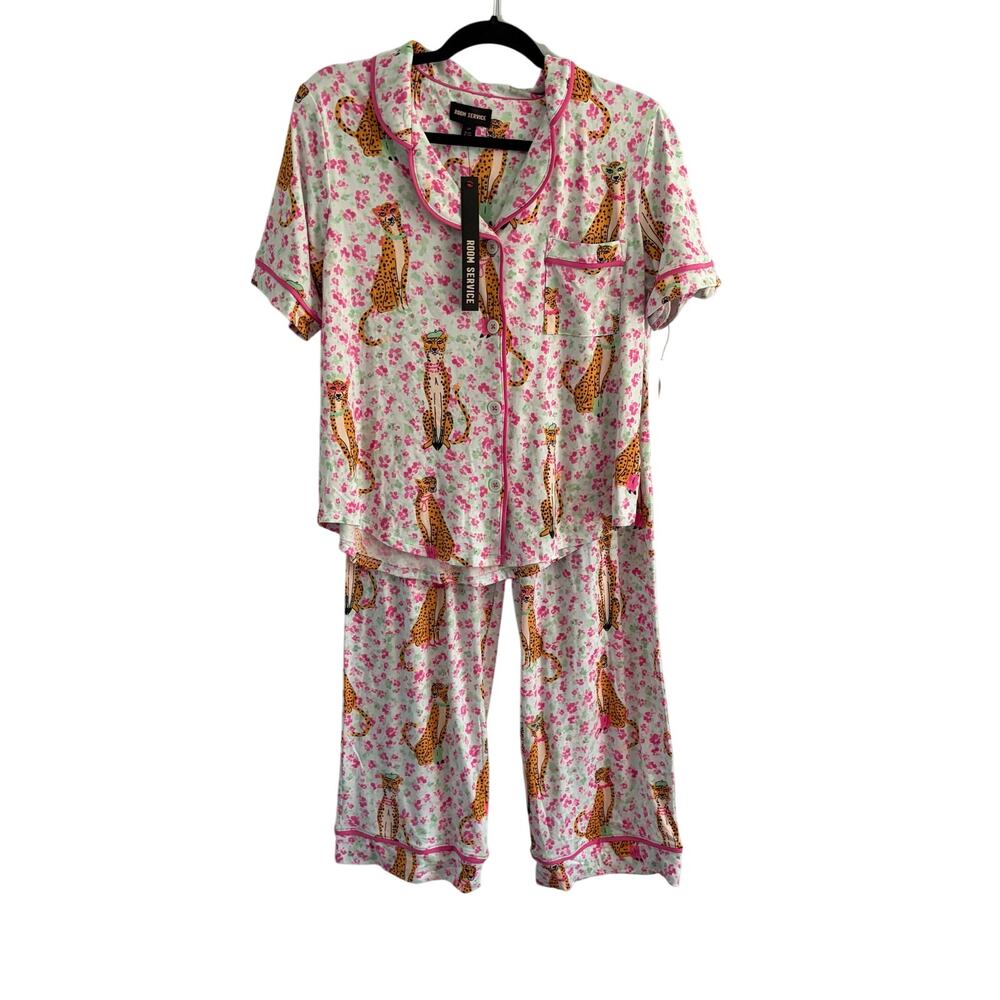 Room Service Short Sleeve Notch Collar Knit Sassy Cheetah Print Pajama Set Small